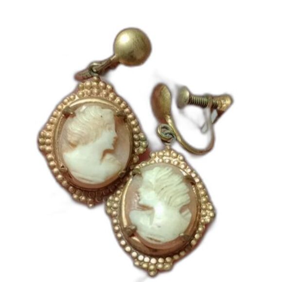 ANTIQUE Jewelry - Antique Victorian Lady Profile Cameo 14K GoldPlated Earrings Dangle